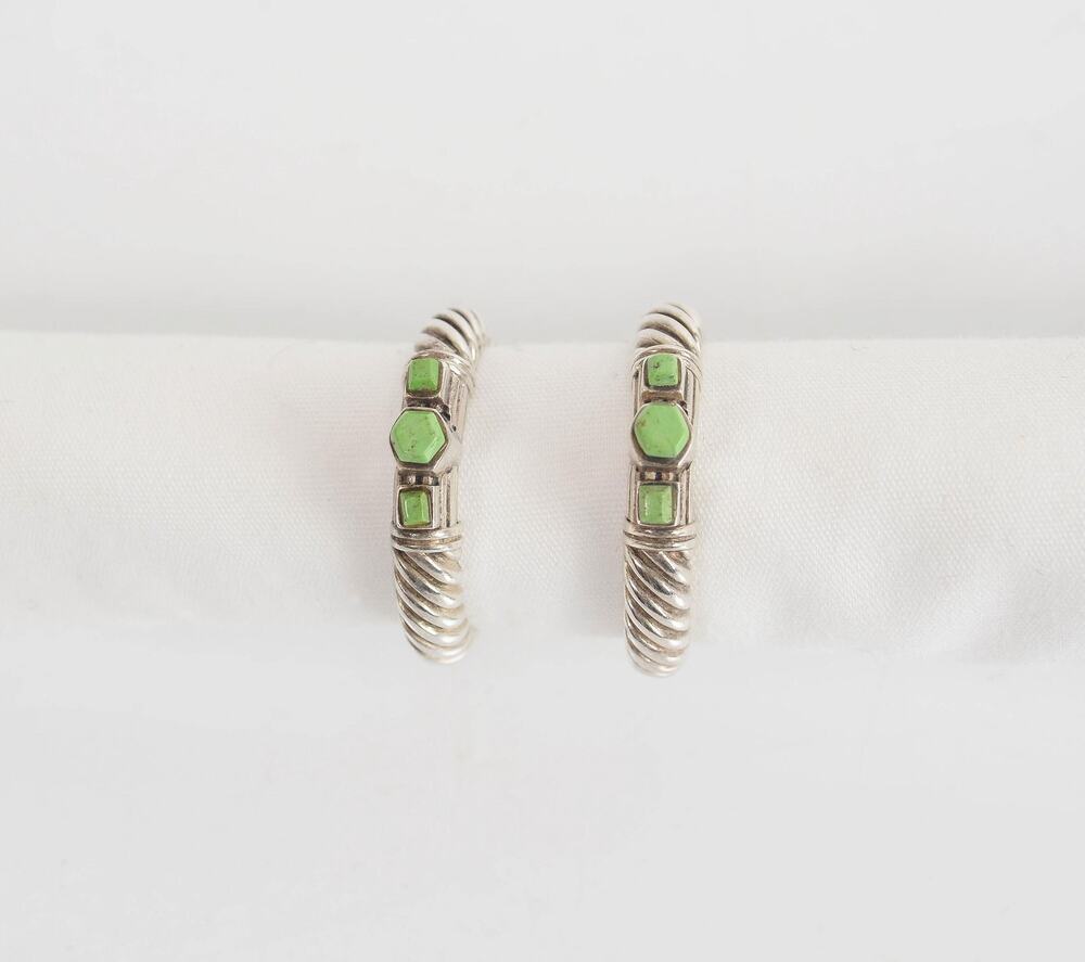 Vintage Sterling Silver Hoop Earrings Twisted Rope Green Stone Southwestern